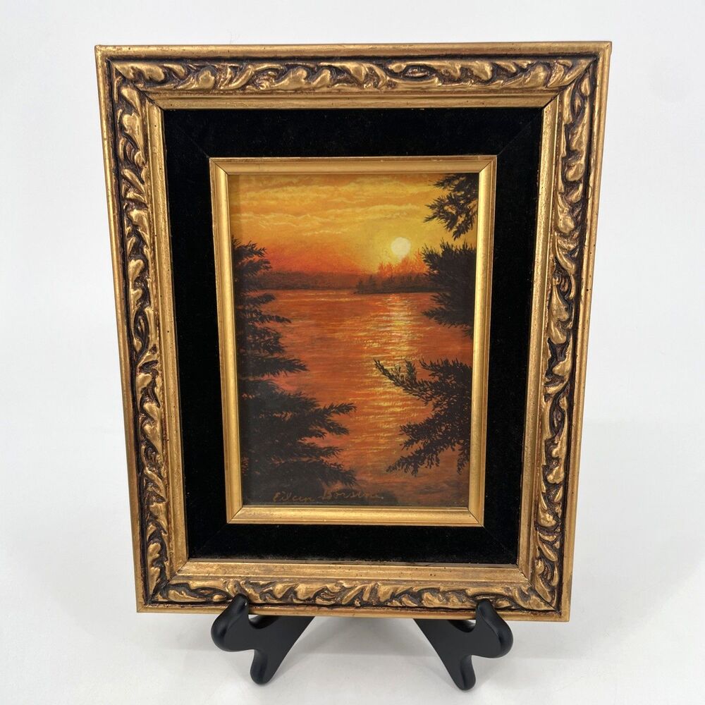 VTG 1978 Sunset Opaque Watercolor Painting Ornate Gold Frame Velvet Mat Signed